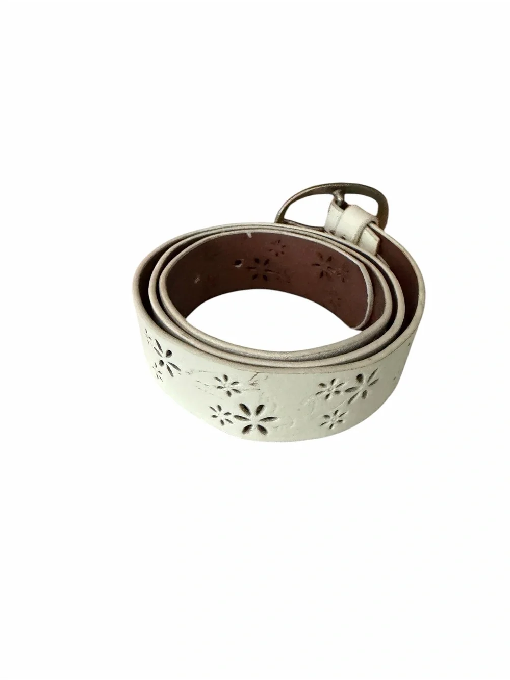 White Boho Floral Cutout Leather Belt Antique Silver Buckle Women's Medium